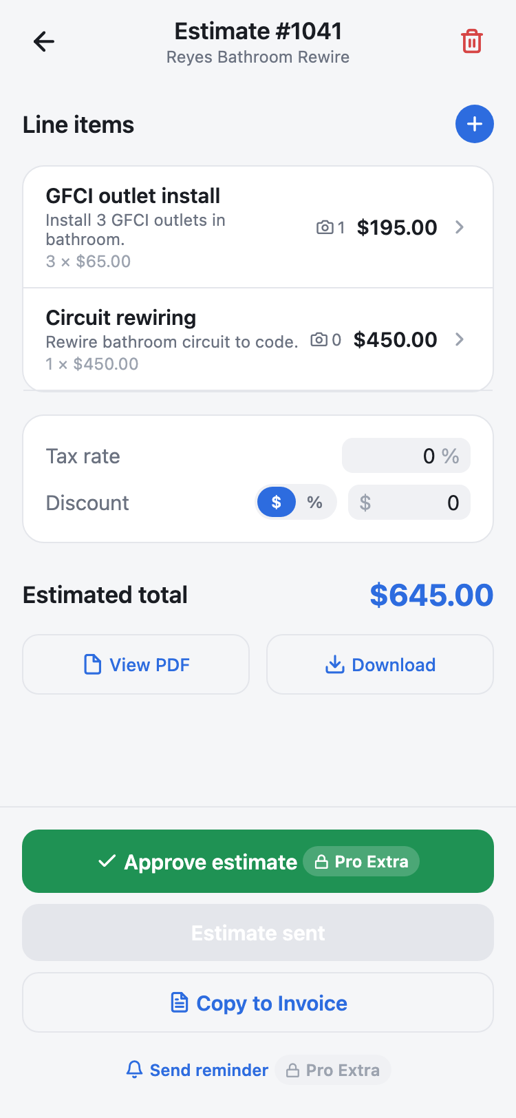An estimate in SOLO contractor Pro, with line items, tax, discount, and the estimated total.