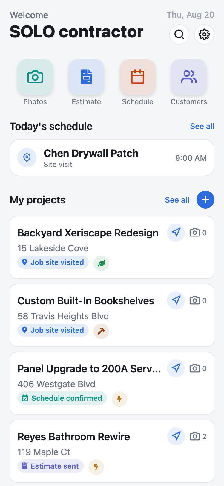 The SOLO contractor Pro home screen, showing today's schedule and the current jobs.