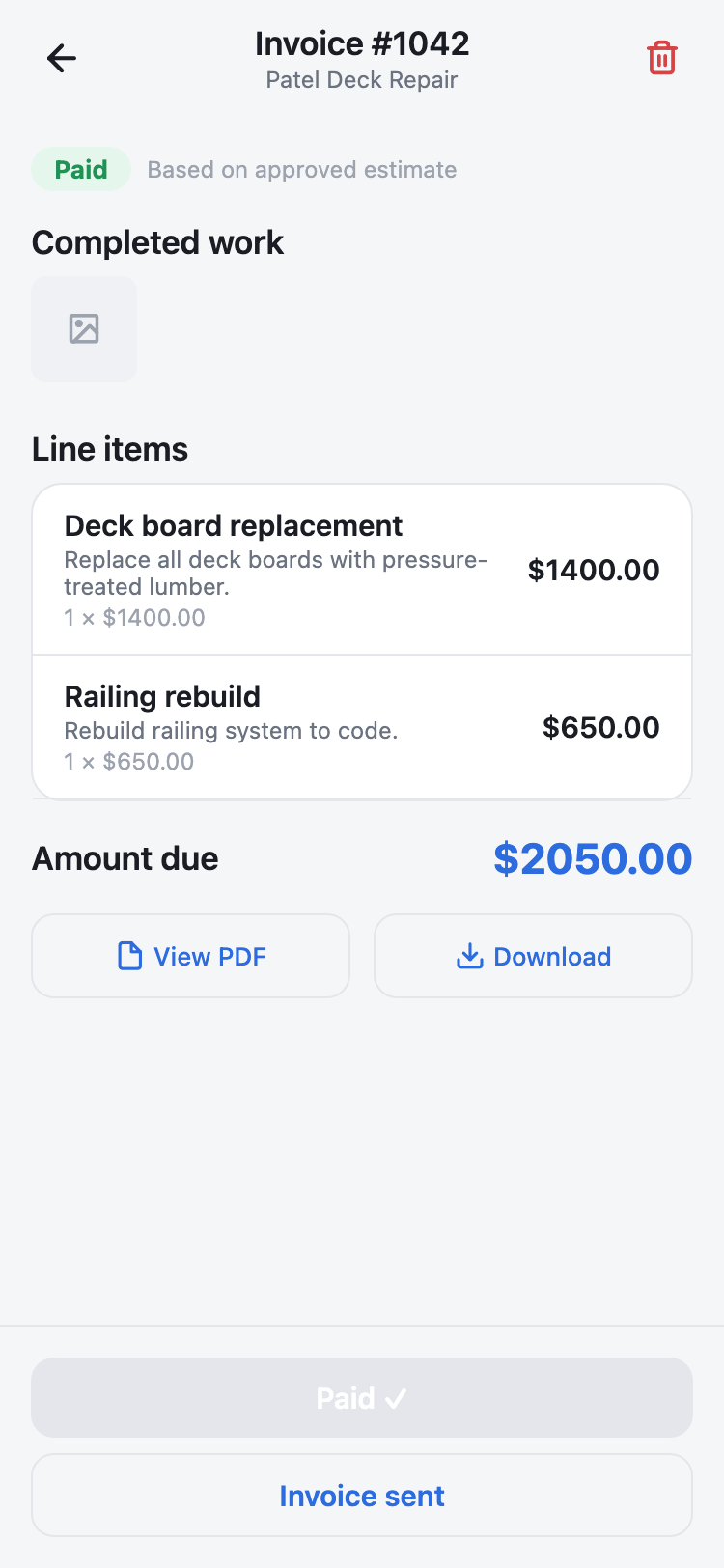 An invoice in SOLO contractor Pro, with line items and the amount due.